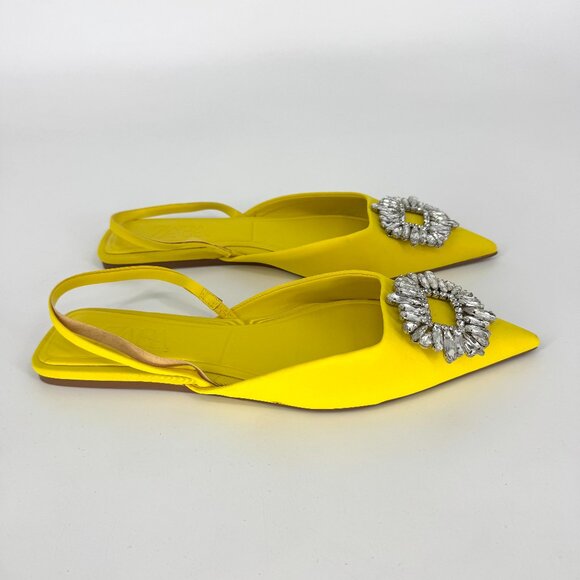 Zara Pointy Toe Slingback Flats with Rhinestone Embellishment Yellow 39 US 8 - Picture 1 of 9